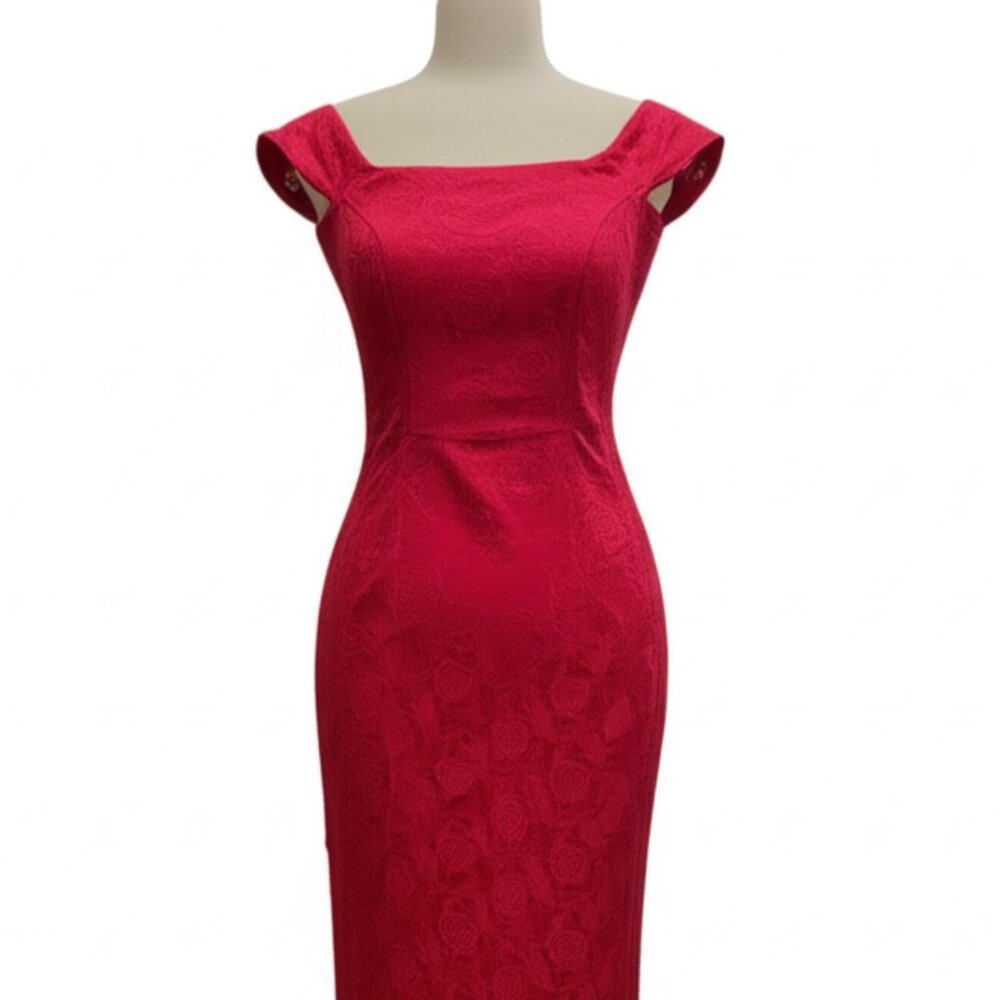 Vintage Red Rose Satin Off-the-Shoulder Dress – Size Medium